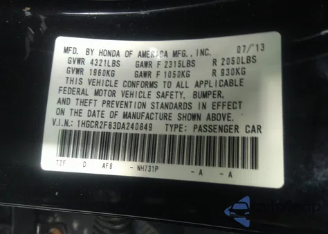 2013 Honda Accord Ex-L from USA, damaged, VIN 1HGCR2F83DA240849